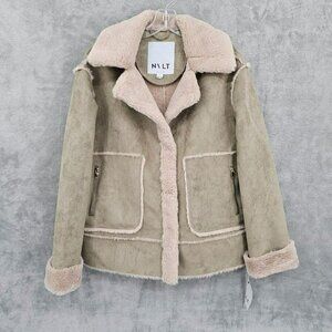 NVLT Coat Jacket S Green Beige Faux Fur Suede Leather Shearling Sherpa Moto New